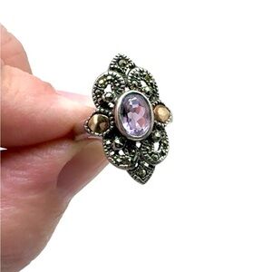 Sterling Silver Purple Amethyst Ring with Marcasite and 18K Gold Accents Size 7